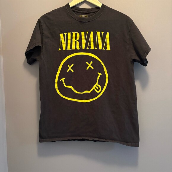 Nirvana Tops - Nirvana T-Shirt Unisex Size M Black Yellow Smiley Face Graphic Band Tee